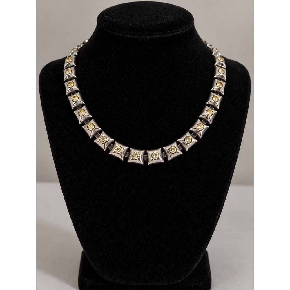 Vintage Silver Tone Square Link Choker Necklace Yellow Rhinestone Accents